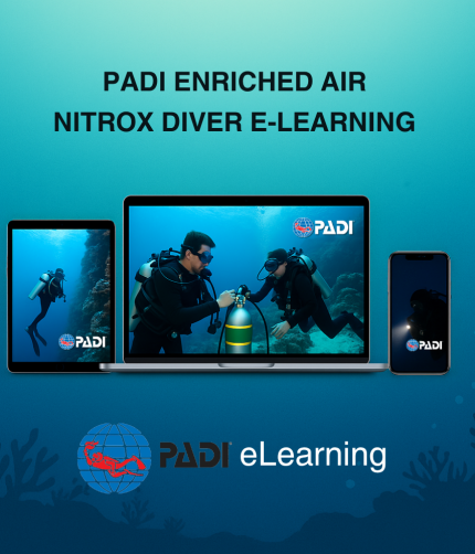 Realistic scuba diving devices preview for Enriched Air Nitrox Diver eLearning course — laptop, tablet, and phone on blue ocean background